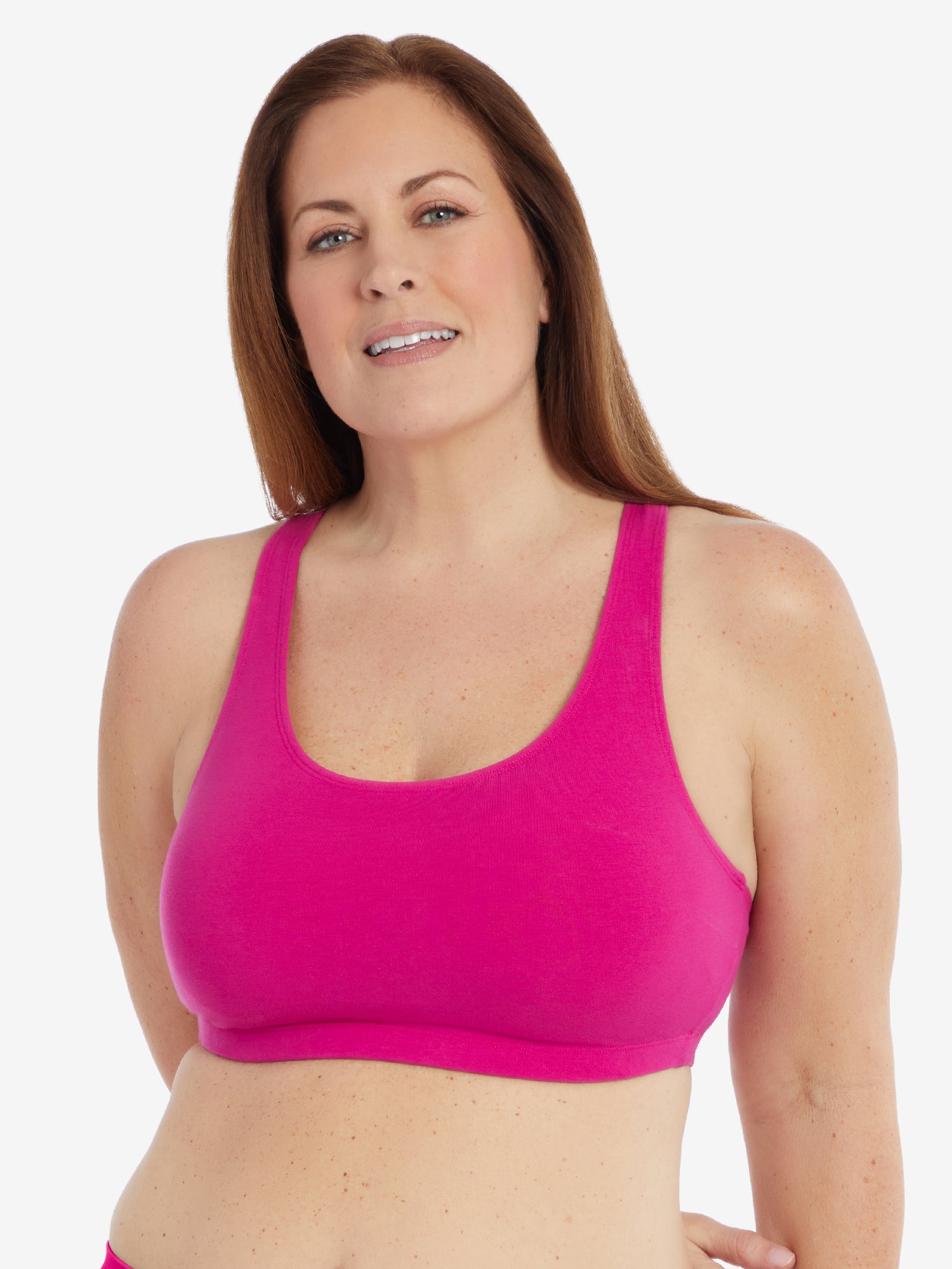 Front view of cotton wirefree sports bra in berry