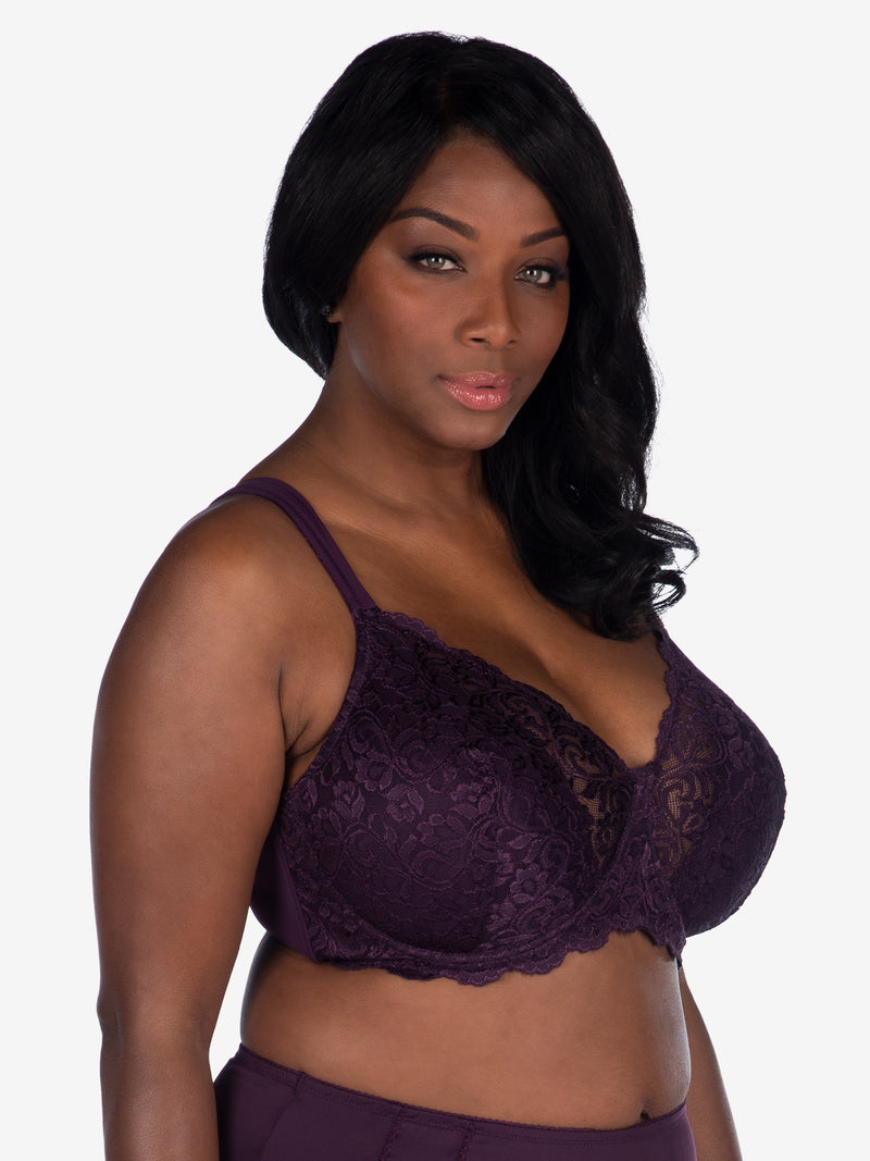 Side view of scalloped lace underwire bra in blackberry wine