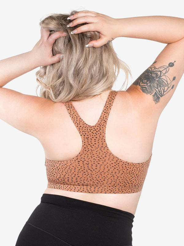 Back view of cotton wirefree sports bra in mocha leo dot