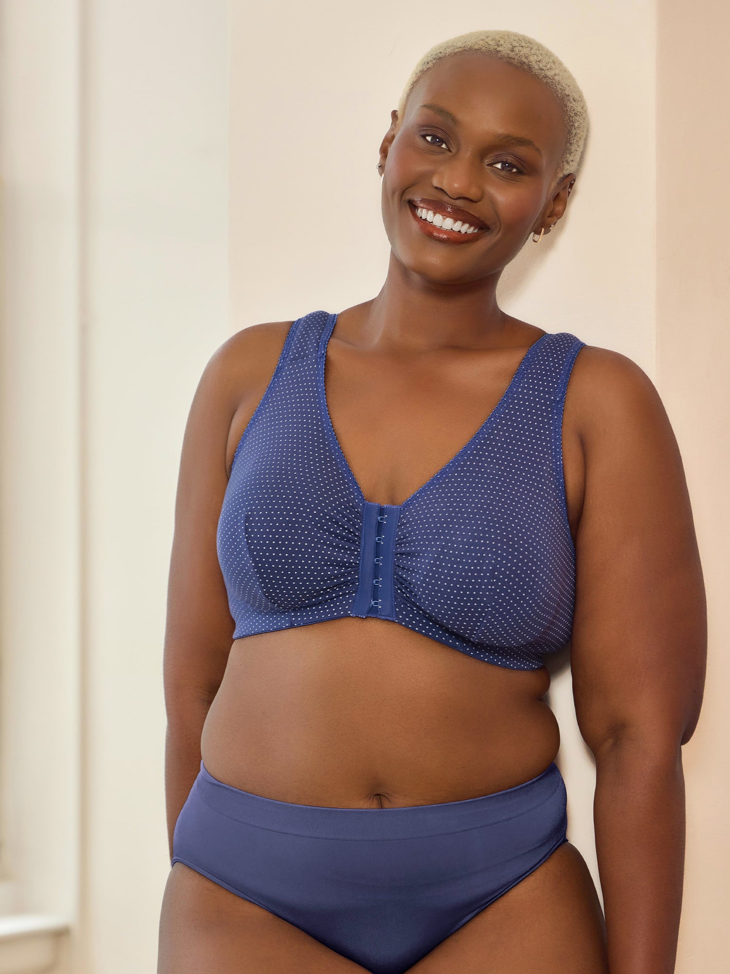 The Meryl - Cotton Front-Closure Comfort & Sleep Bra - Skipper Blue Dot,36AB