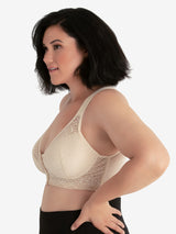 Side view of shimmer support back front-closure lace bra in whisper nude