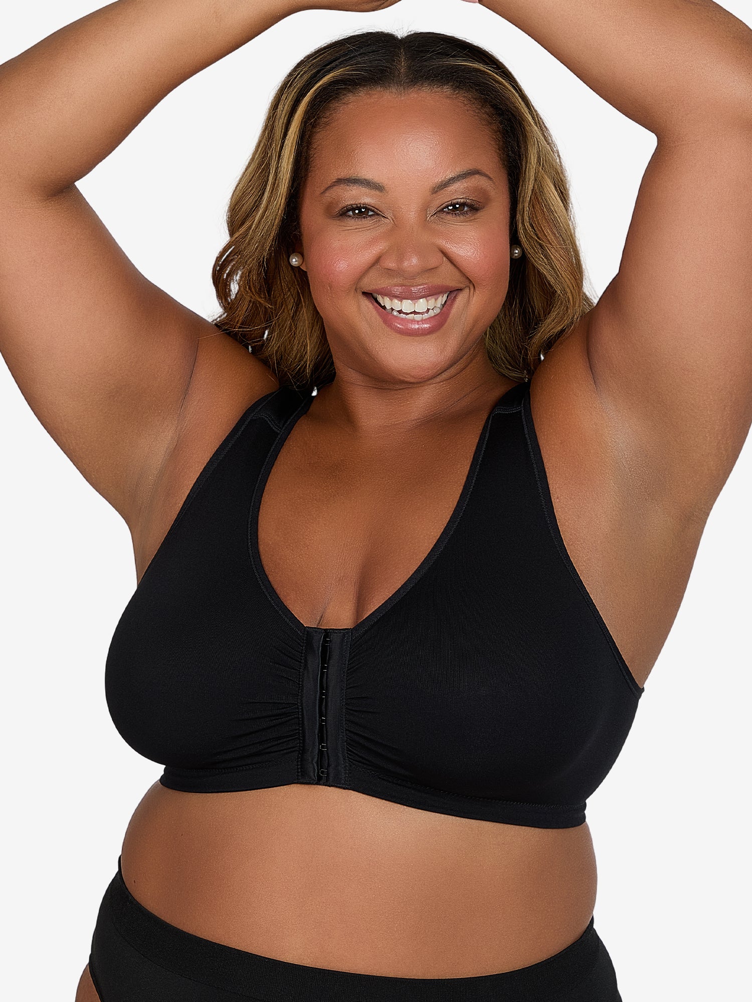 Front view of front-closure seamless comfort bra in black onyx