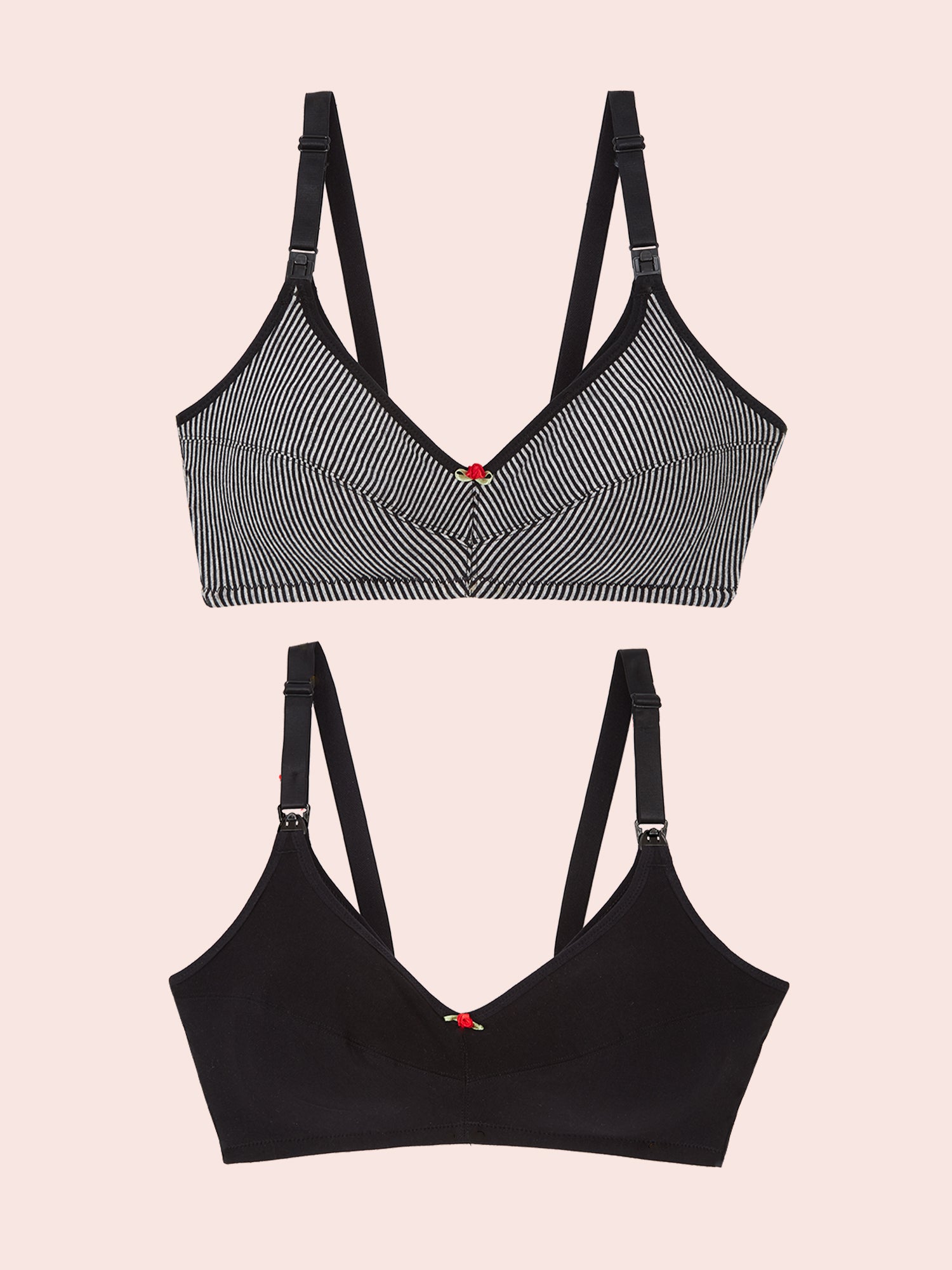 The Uma - Unpadded Cotton Wireless Nursing Bra 2-Pack - Black & Grey Stripe w/ Black 2PK,34B