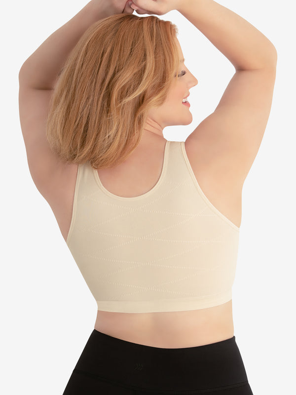 Back view of comfort support sports bra in whisper nude