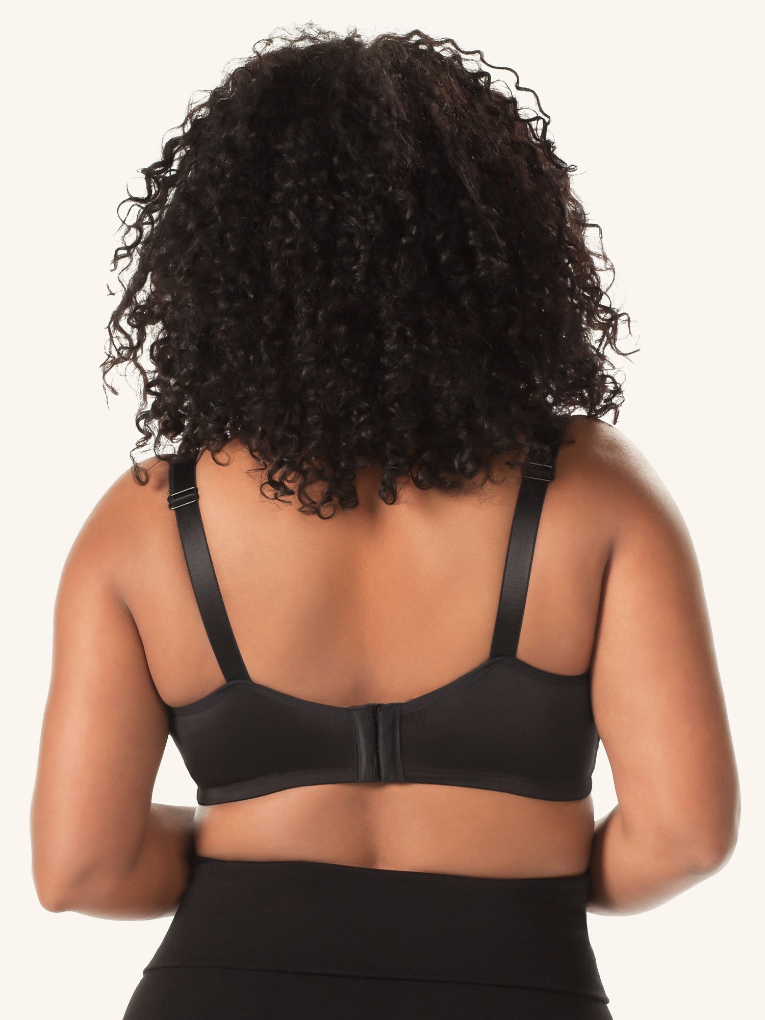 Front view of silky lace nursing bra in black
