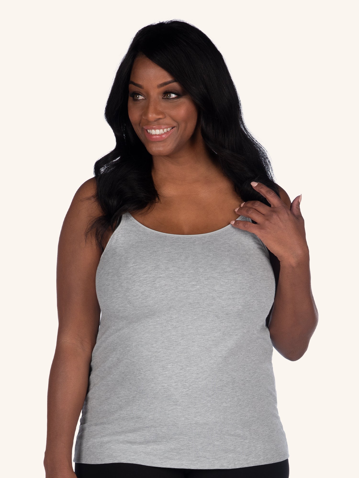 Front view of maternity and nursing tank with built-in nursing bra in heather grey
