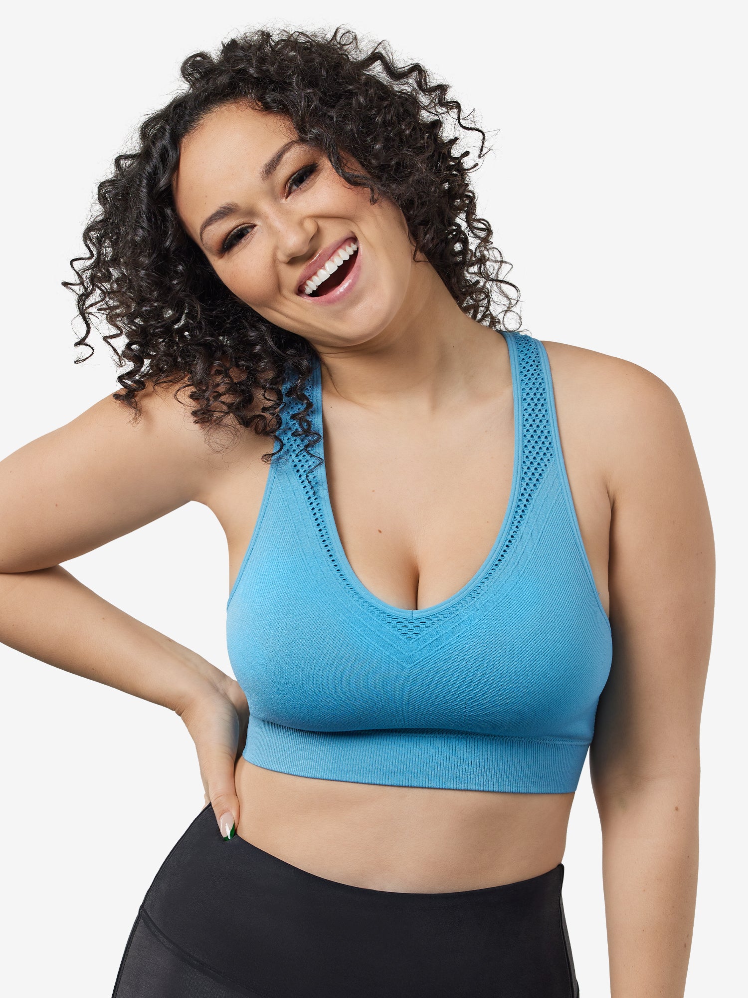 Side view of cooling racerback sports bra in arctic blue