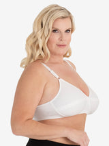 Side view of cotton latex free bra in white