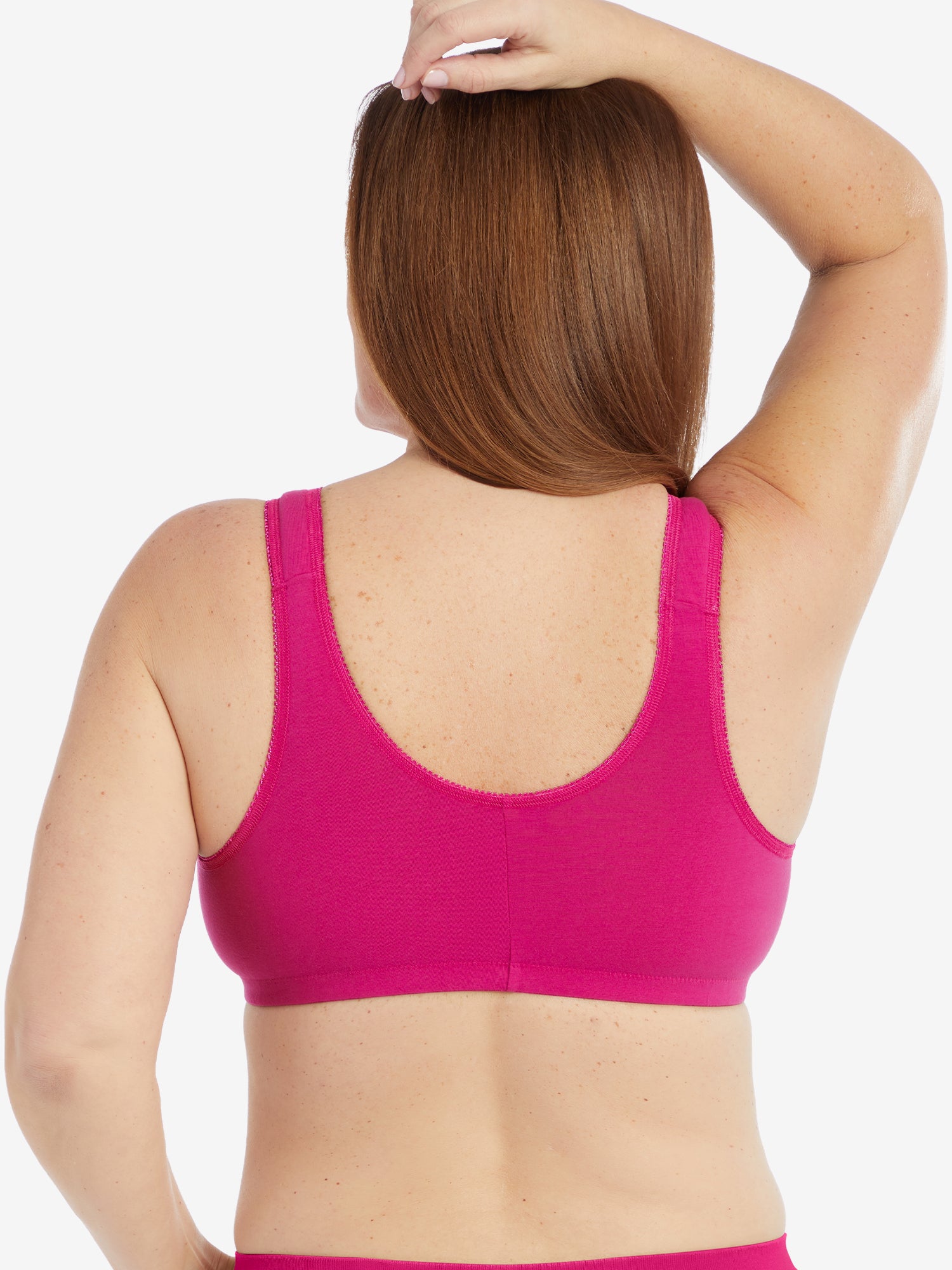 Back view of cotton front-closure wirefree comfort bra in berry
