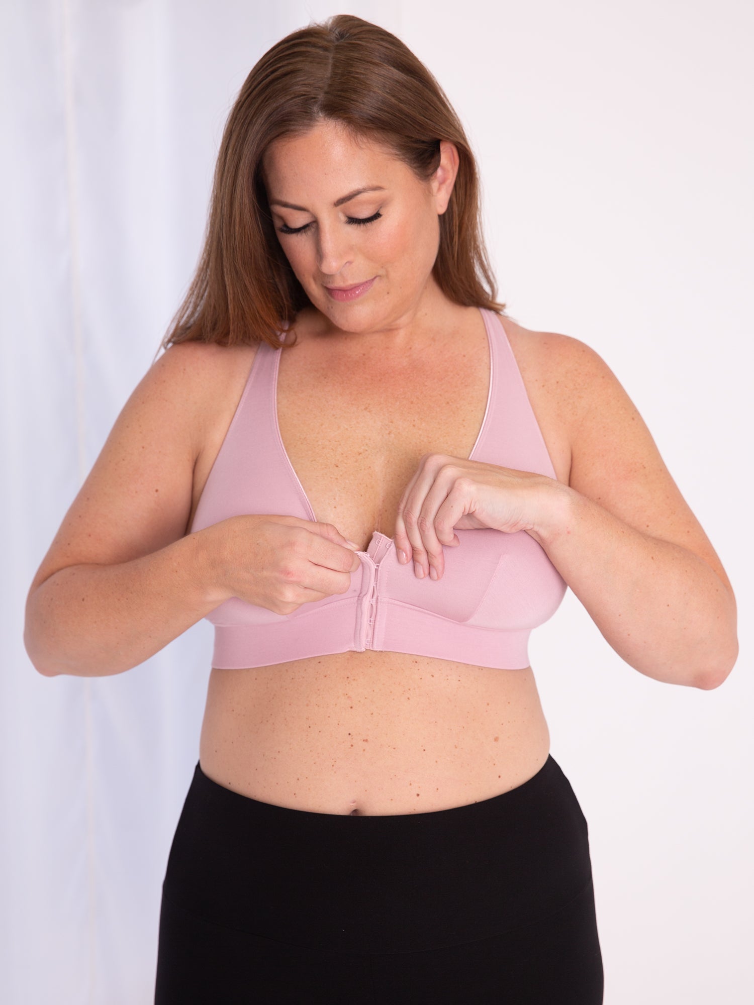 Side view of front-closure wirefree bralette in modern pale violet