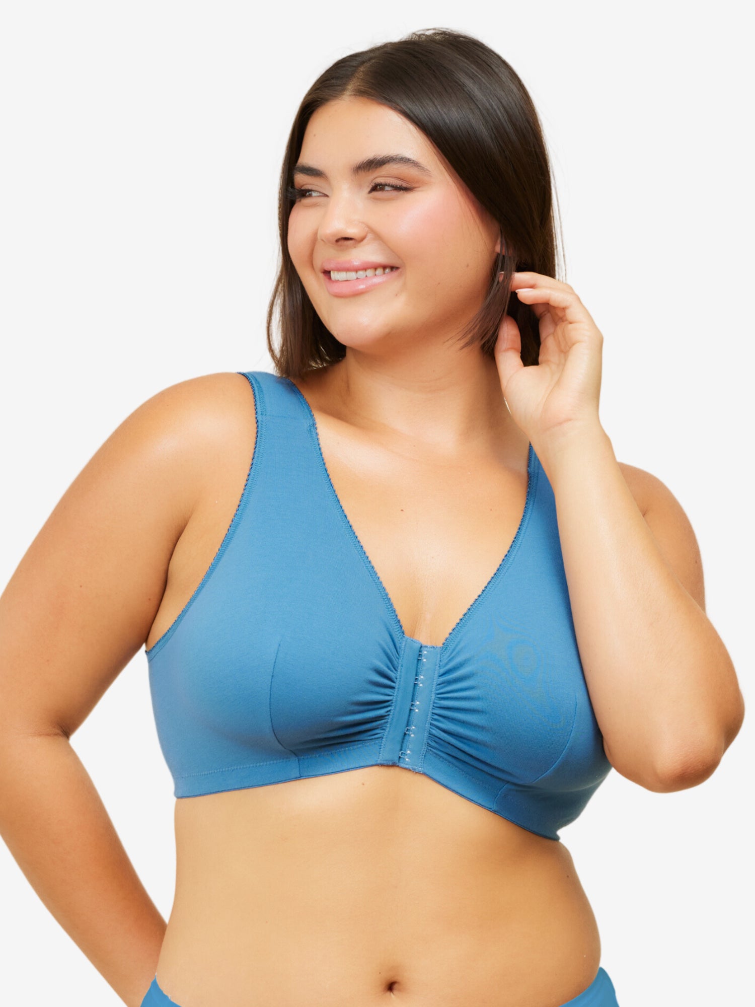 Front view of cotton front-closure wirefree comfort bra in black