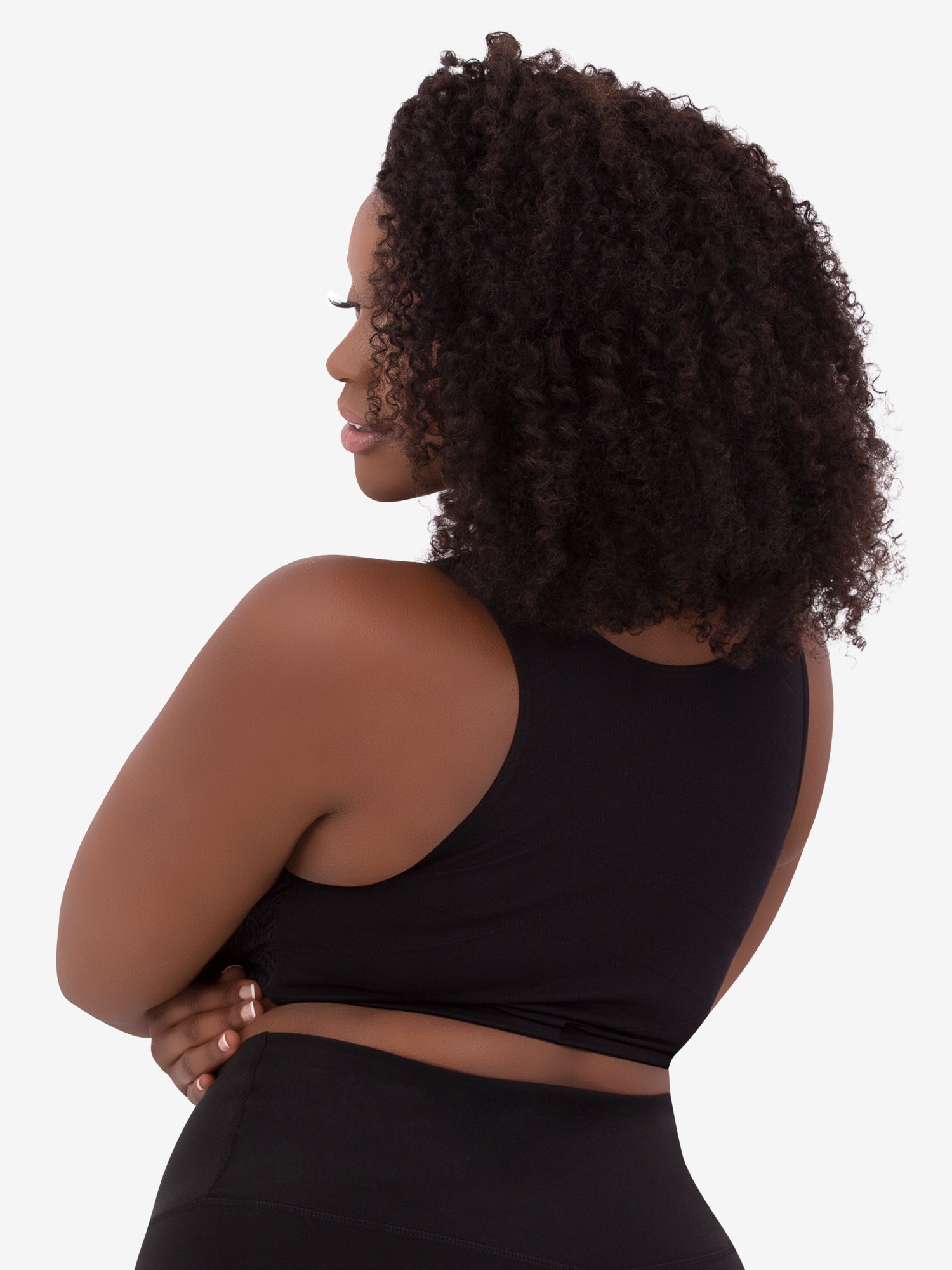 Back view of back smoothing front-closure lace bra in black