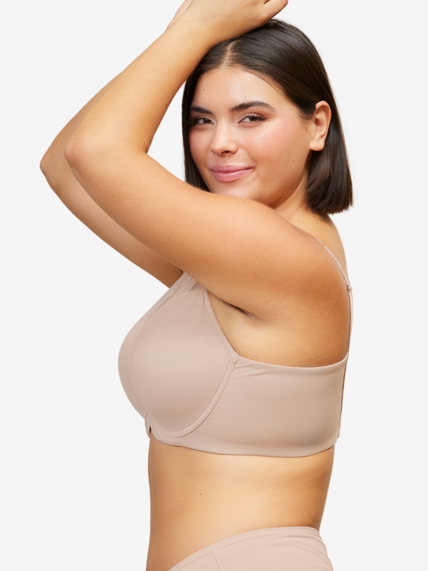 Side view of mesh plunge underwire bra in sand
