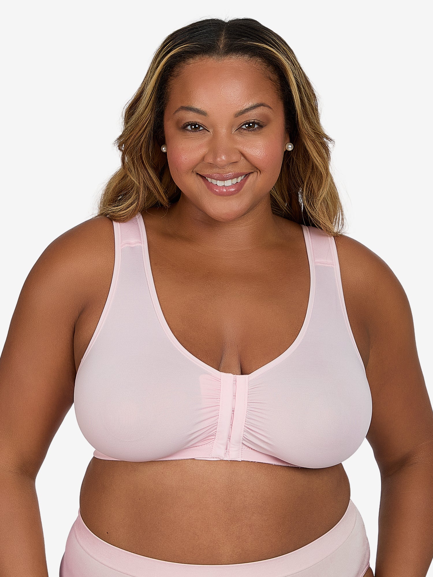Front view of front-closure seamless comfort bra in pink crush