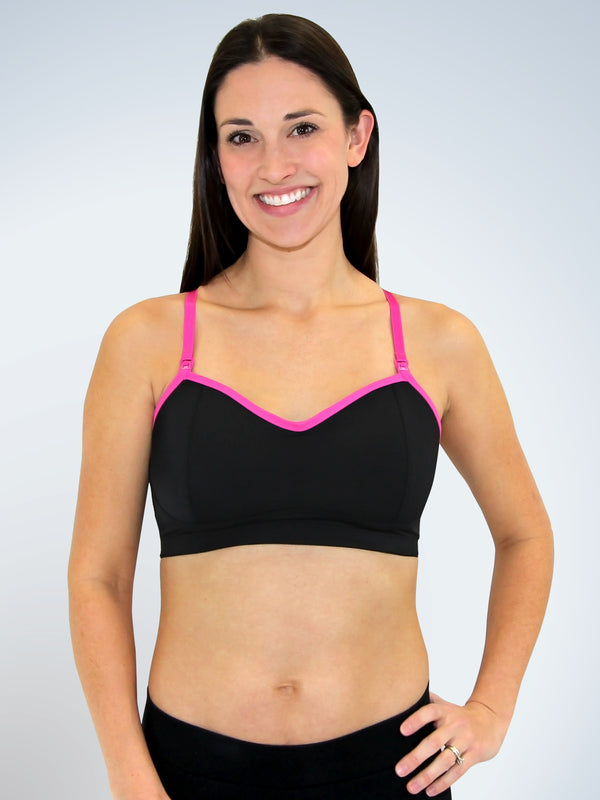 Front view of loving moments nursing sports bra in jet black with hot pink trim