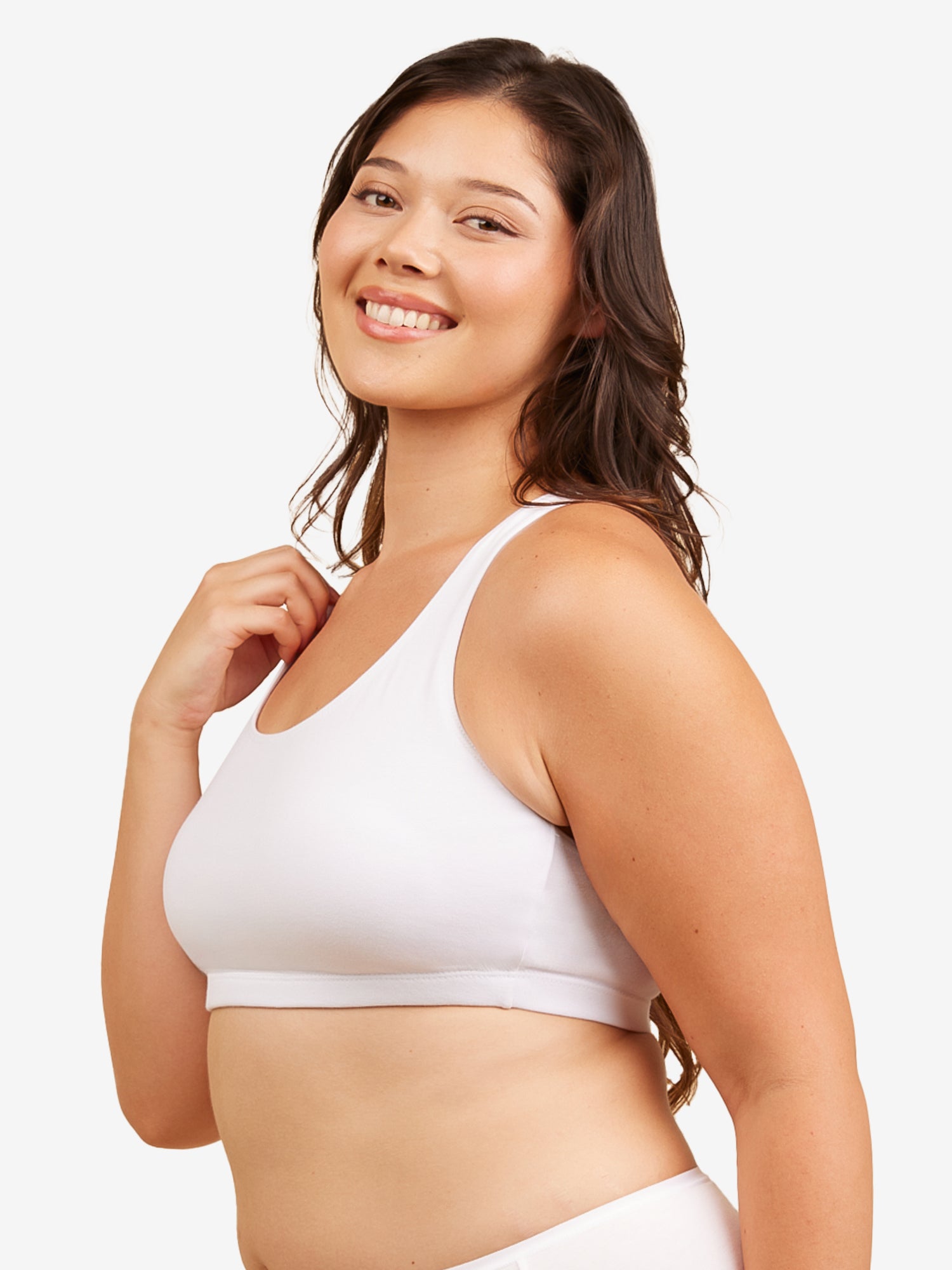Side view of cotton wirefree sports bra in white