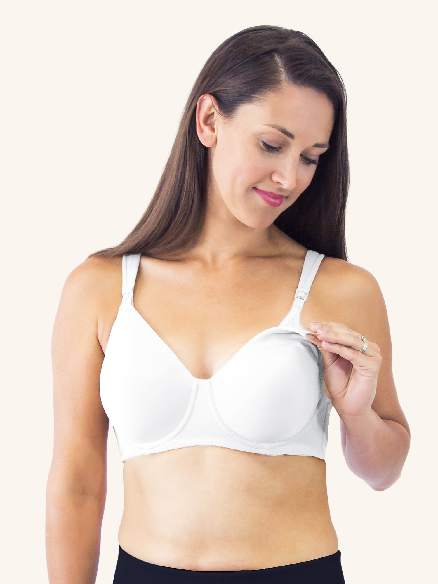 Front view of molded seamless underwire nursing bra in white
