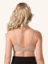 Front view of lace wireless nursing bra in warm taupe