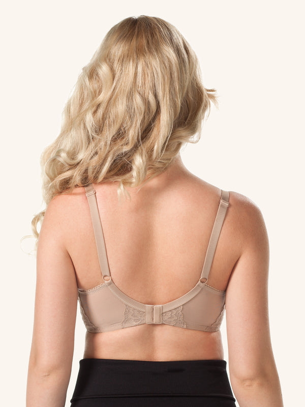 Front view of lace wireless nursing bra in warm taupe