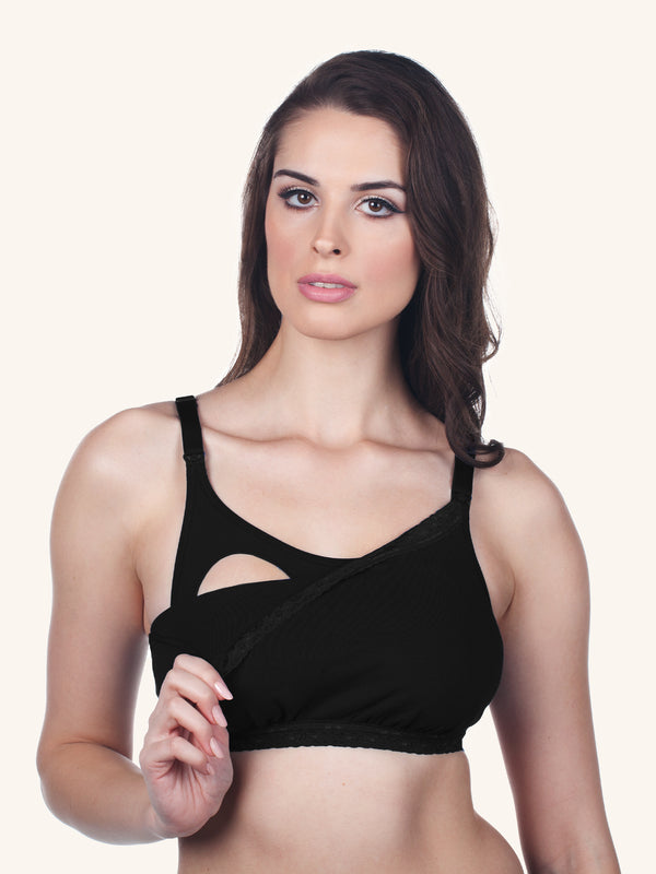 Front view of seamless padded t-shirt nursing bra in black
