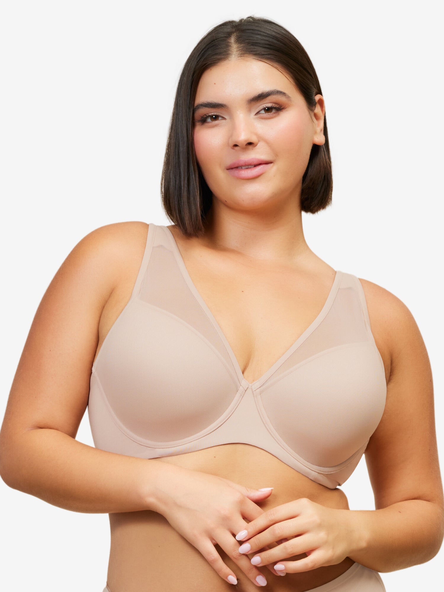 Front view of mesh plunge underwire bra in sand