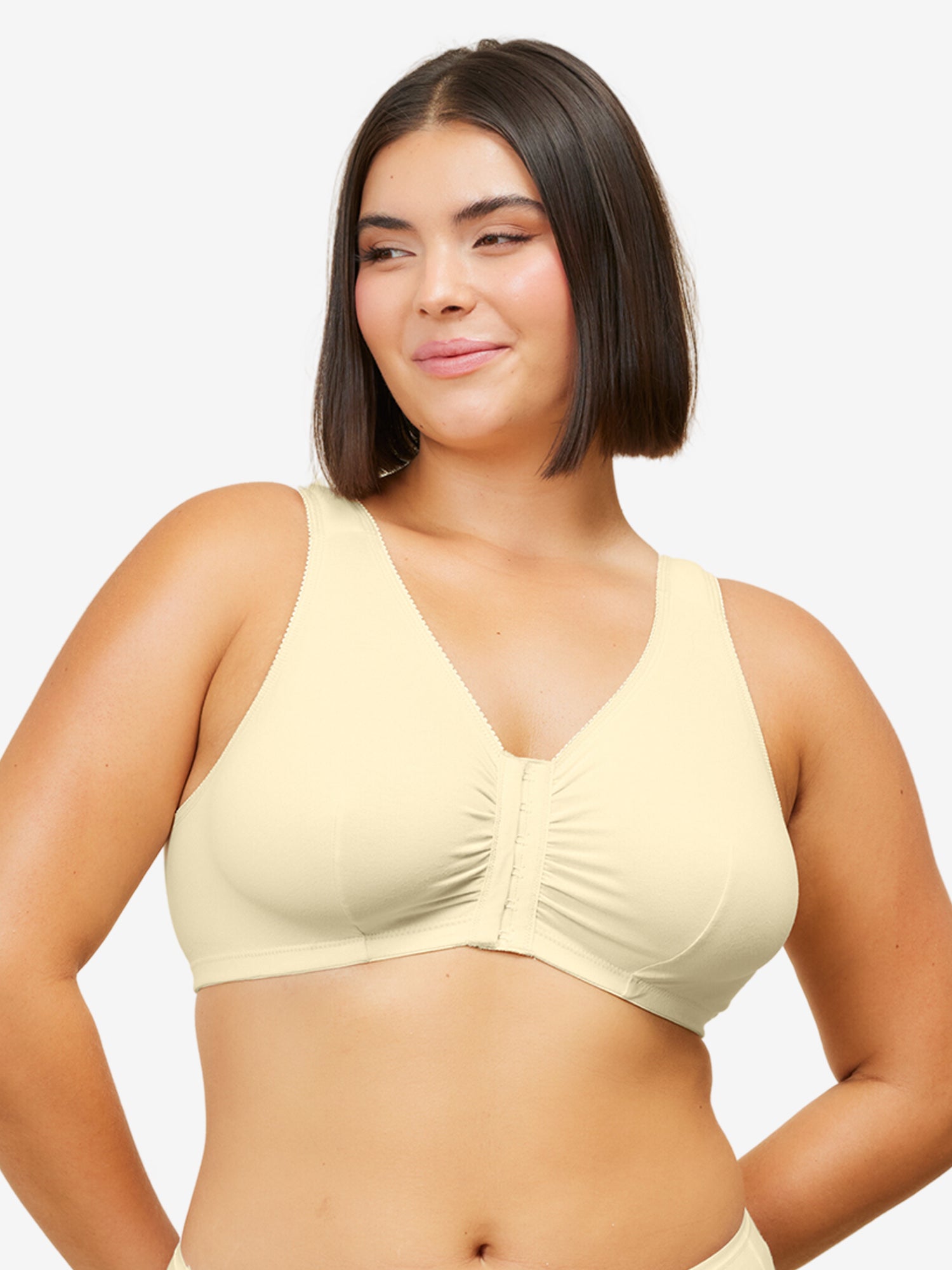 Front view of cotton front-closure wirefree comfort bra in ecru