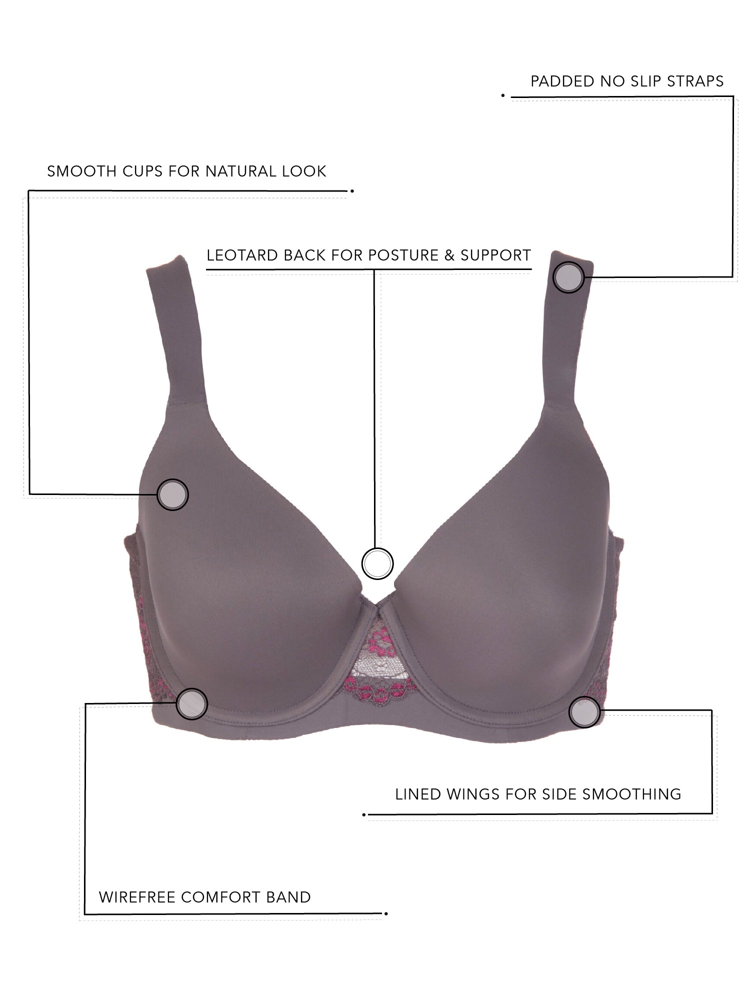 The Brigitte Lace - Lightly Padded Wireless T-Shirt Bra - Storm Front Grey,36A