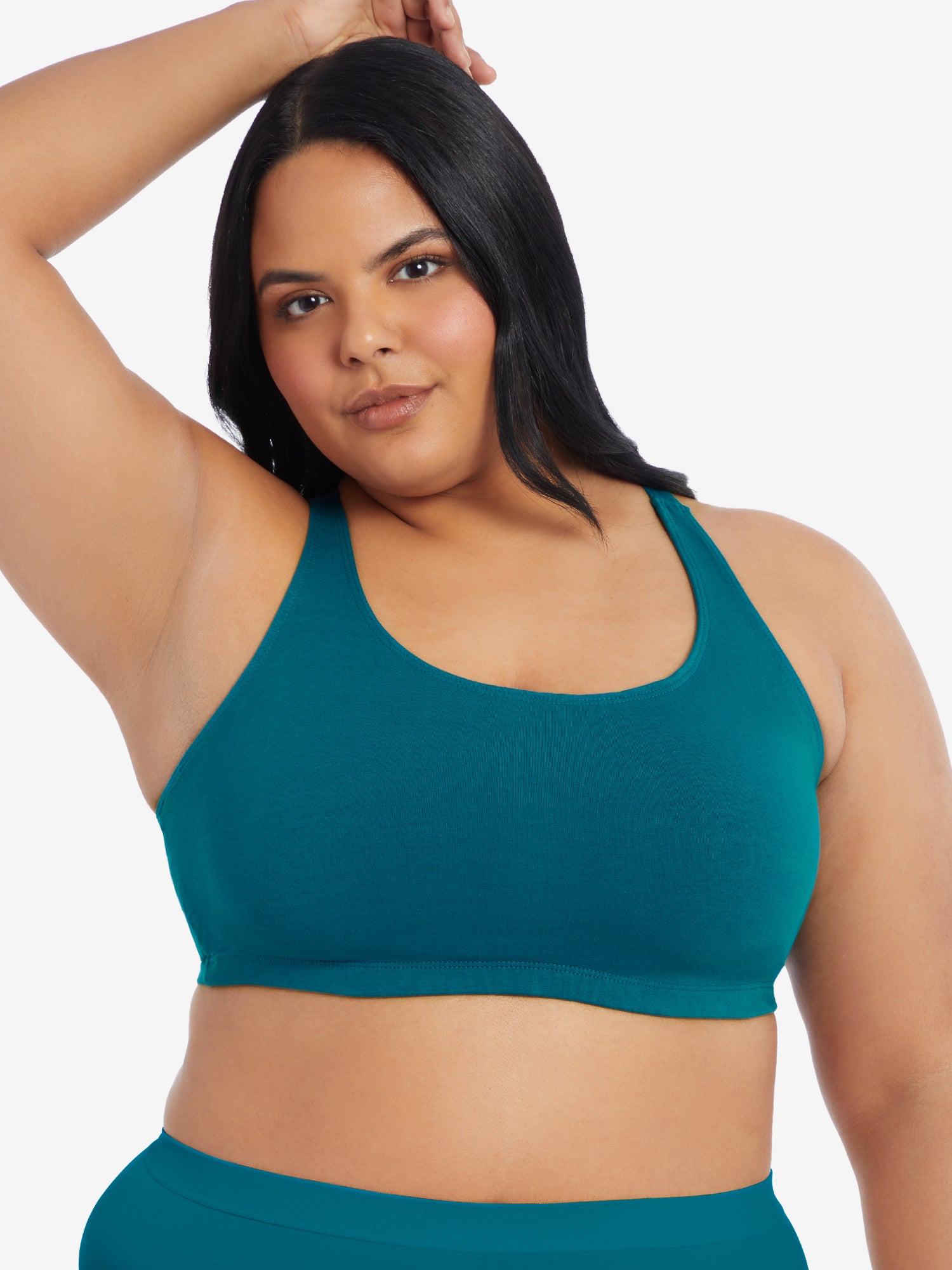 Front view of cotton wirefree sports bra in blue teal
