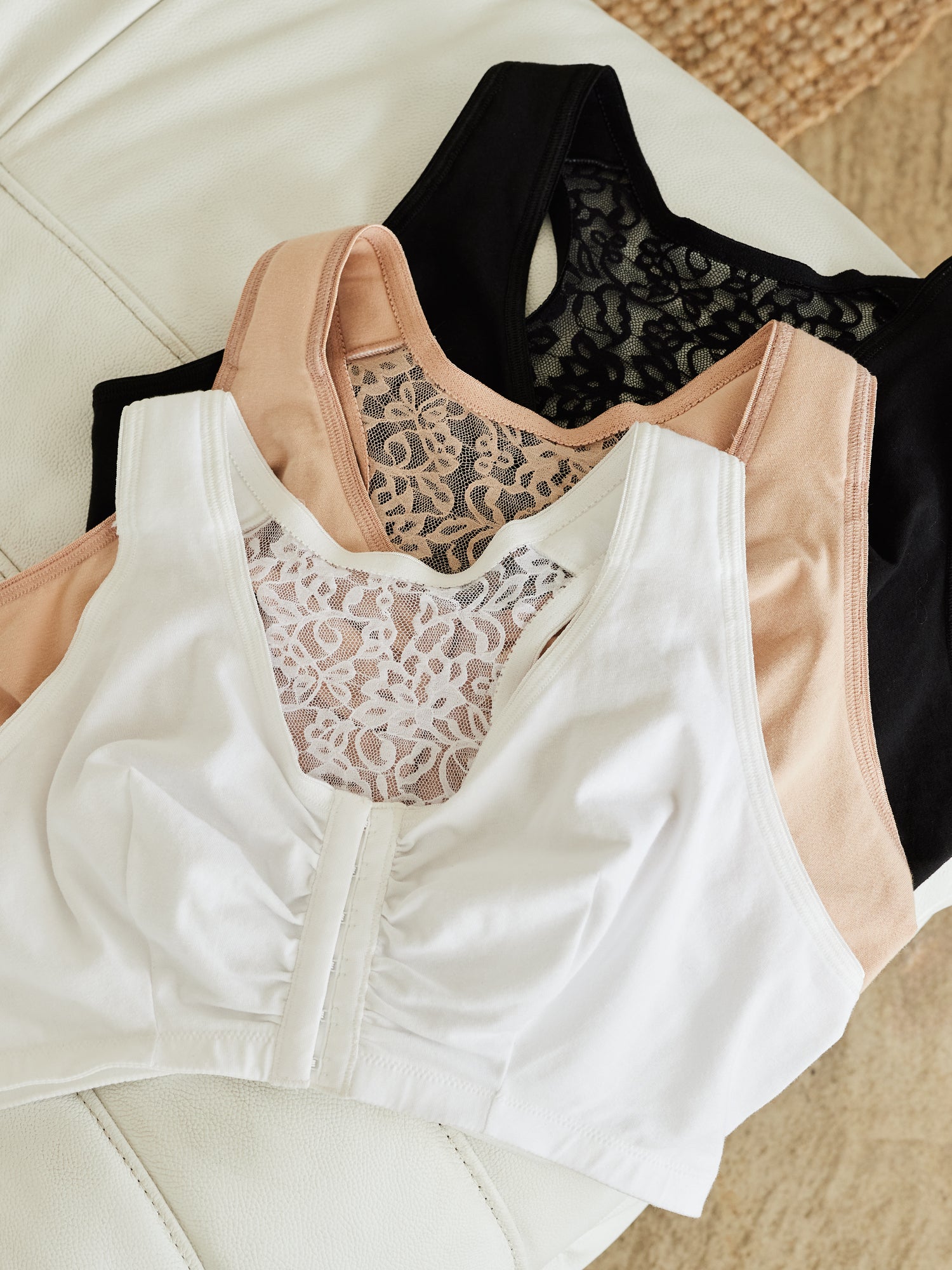The Indy - Cotton Front-Closure Lace Racerback Bra - White,36AB