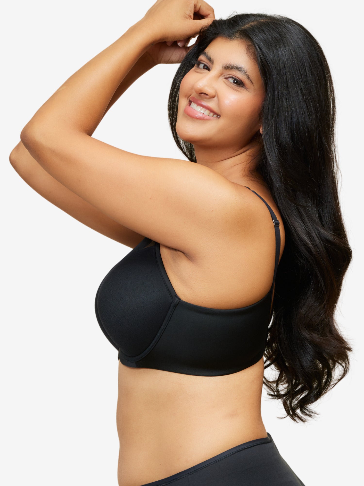 Side view of mesh plunge underwire bra in black