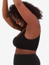 Close up detail view of comfort support sports bra in black
