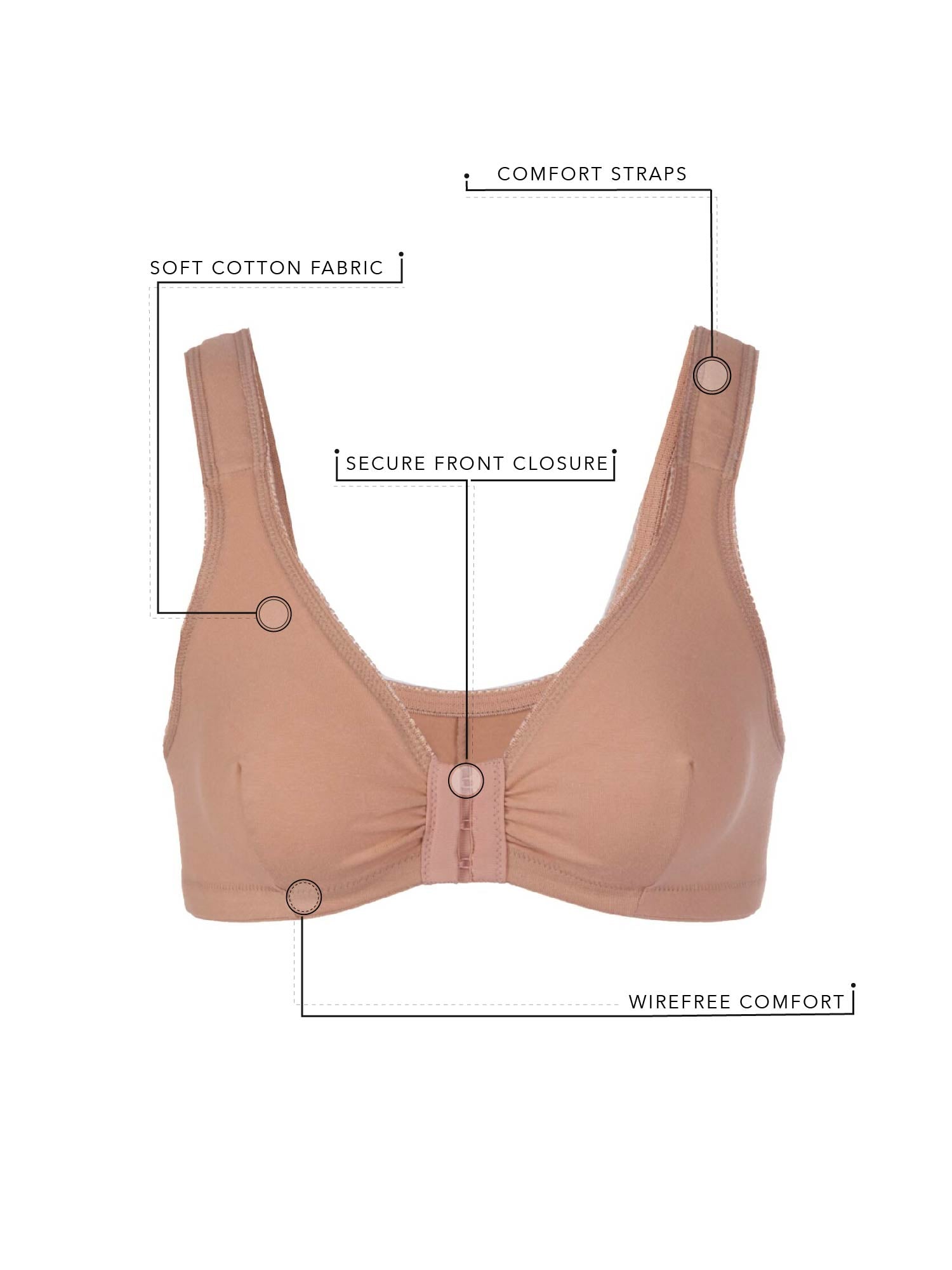 The Meryl - Cotton Front-Closure Comfort & Sleep Bra - Mocha Nude,36AB
