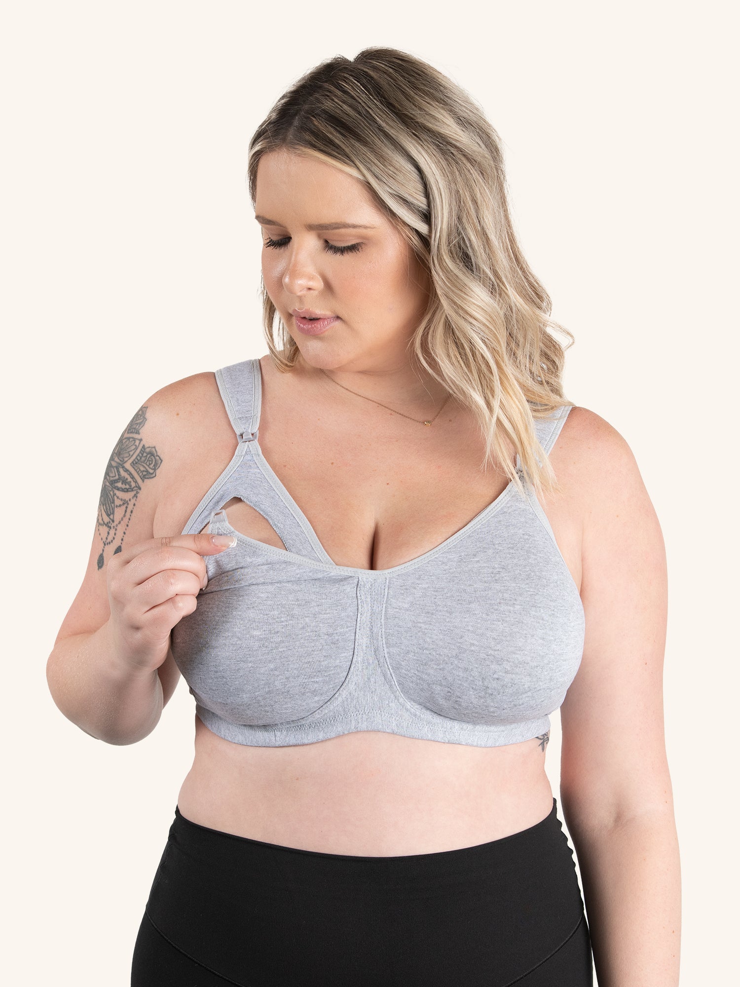 Front view of sport wirefree nursing bra in heather grey