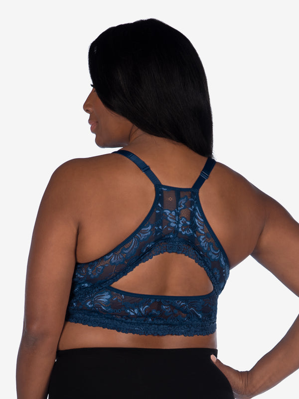 Back view of lace wirefree front-closure bralette in navy