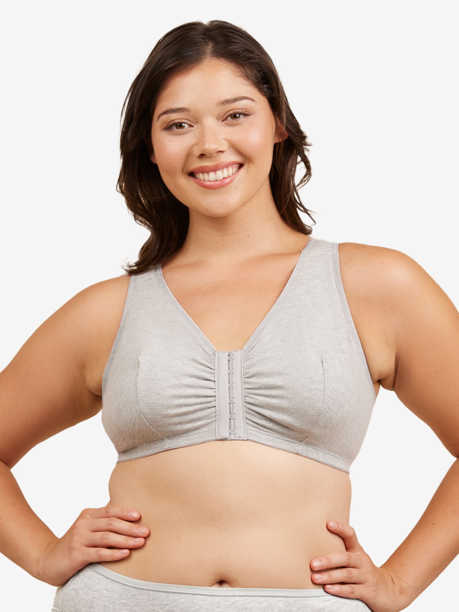 Front view of cotton front-closure wirefree comfort bra in heather grey