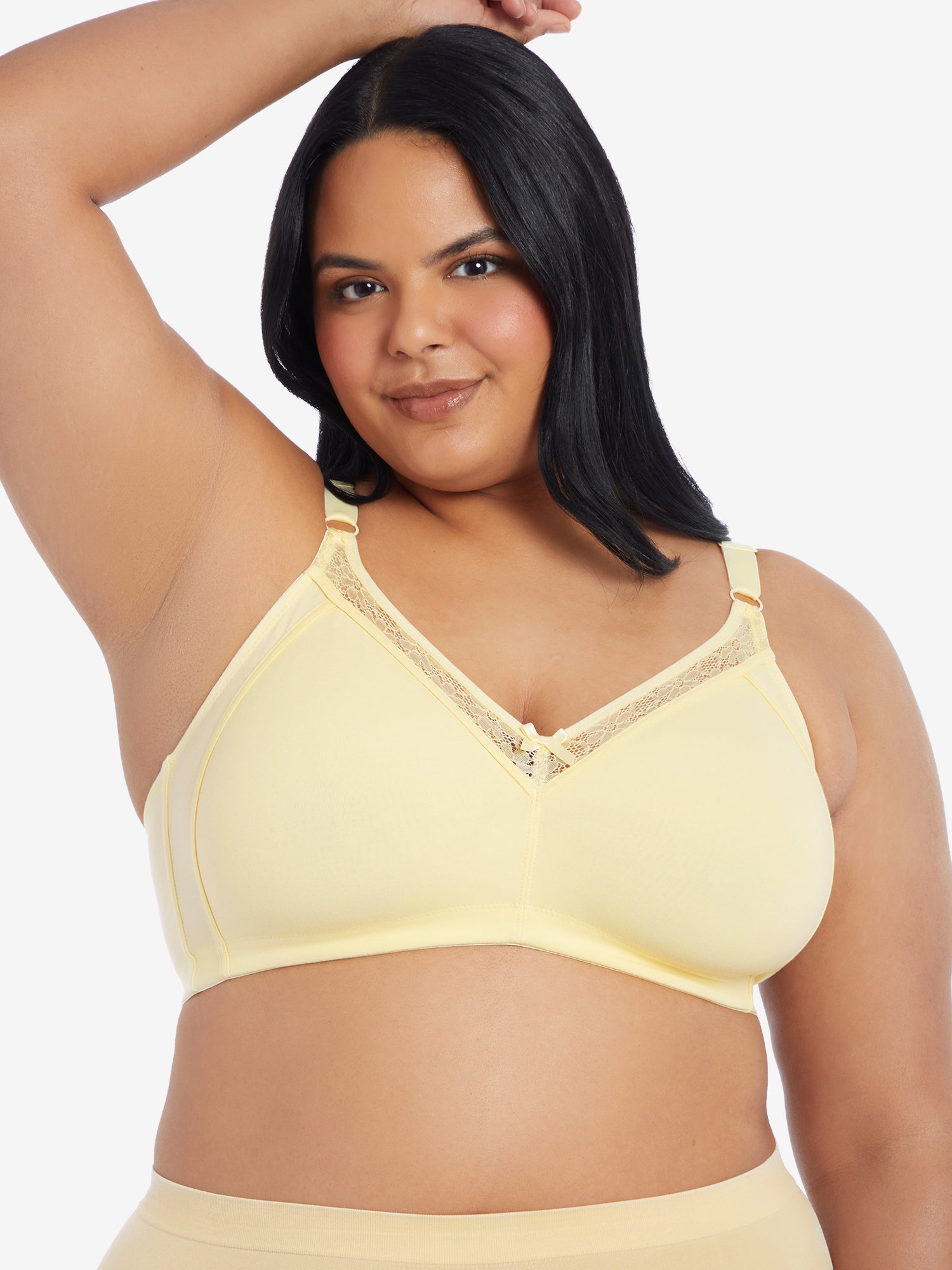 Front view of wireless cotton comfort bra with lace in light yellow ecru