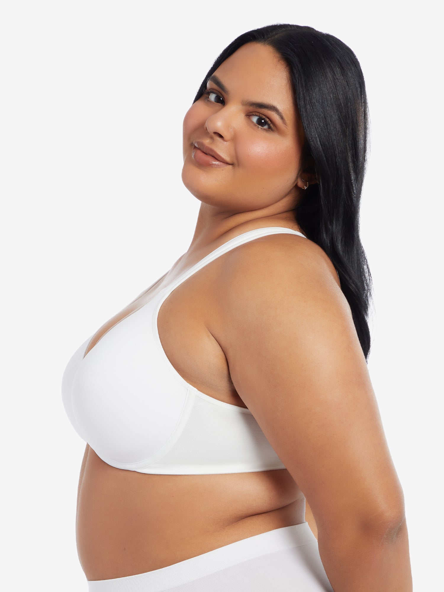 Side view of front-closure racerback t-shirt bra in white