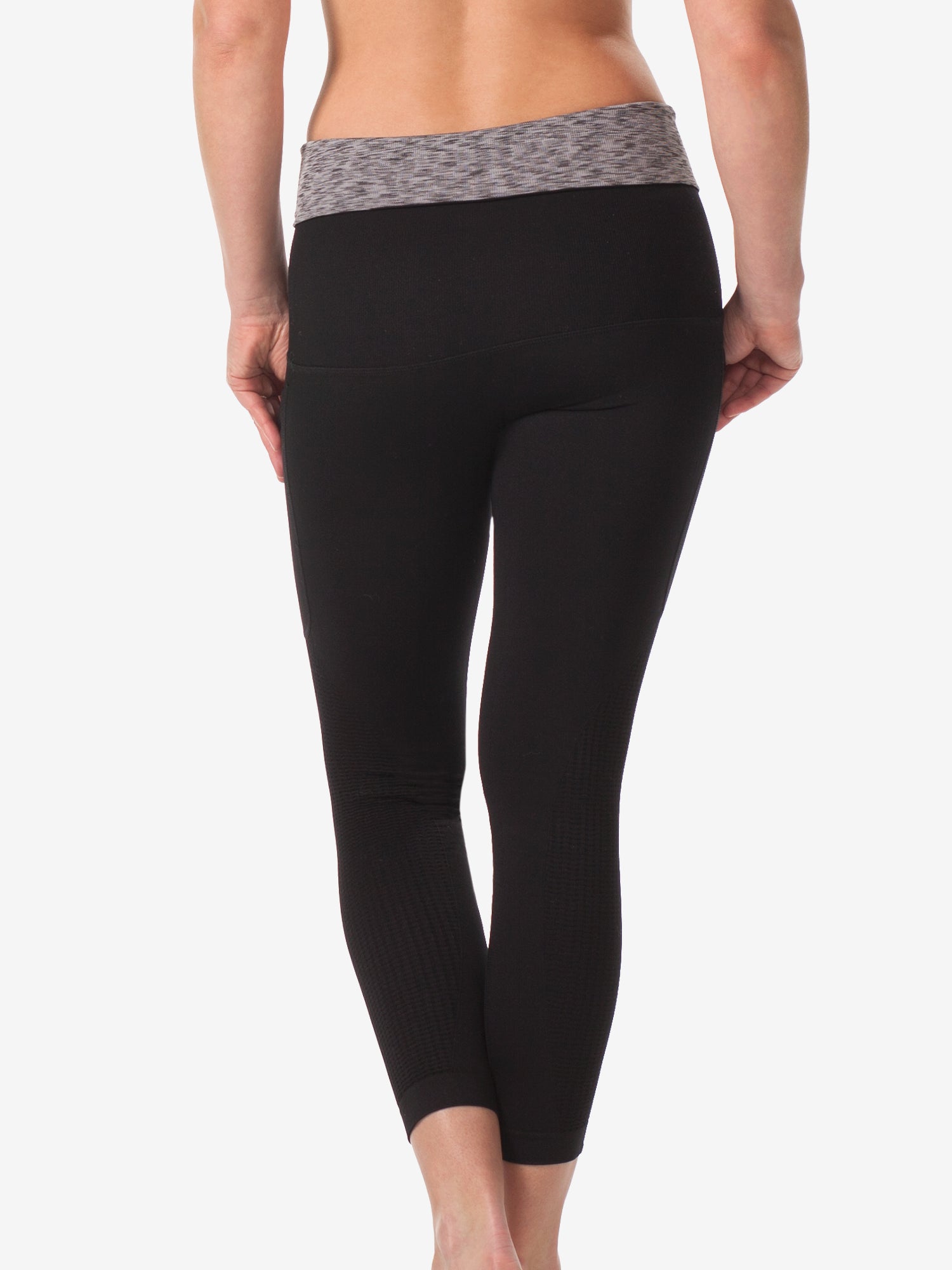 Front view of control high-waist legging in jet black with heather grey space dye