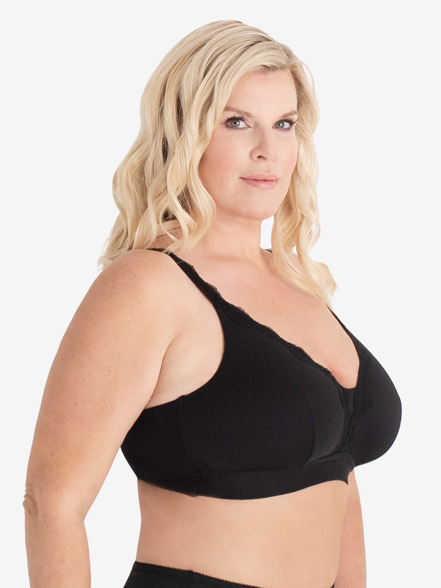 Side view of microfiber lace trim bralette in black