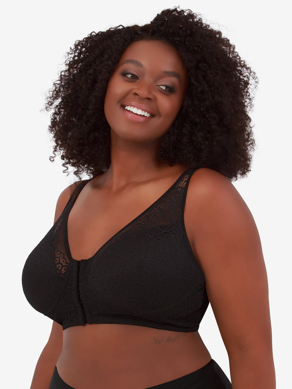 Front view of shimmer support back front-closure lace bra in black