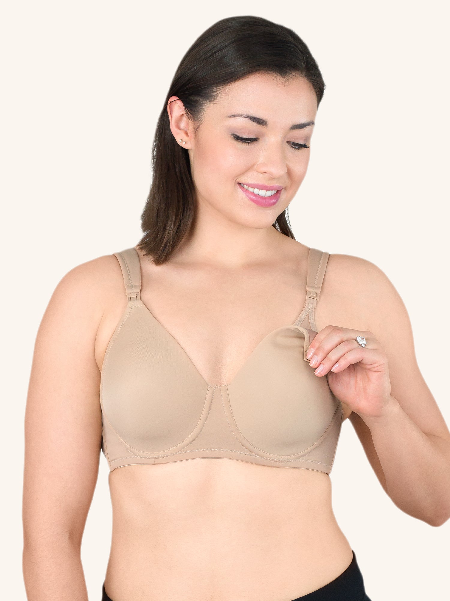 Front view of cool fit wirefree nursing bra in warm taupe