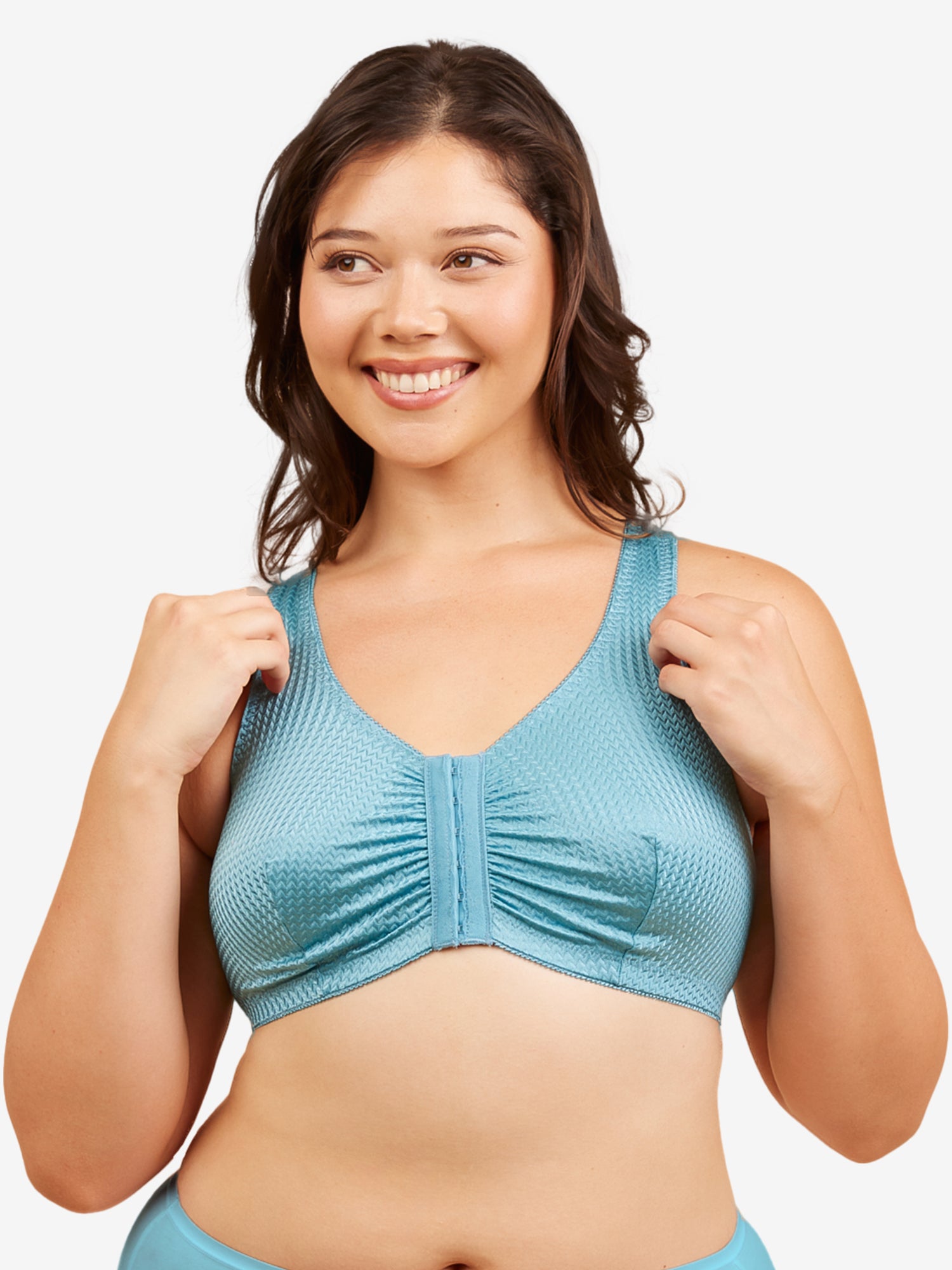 Front view of zig-zag weave front-closure comfort bra in blue