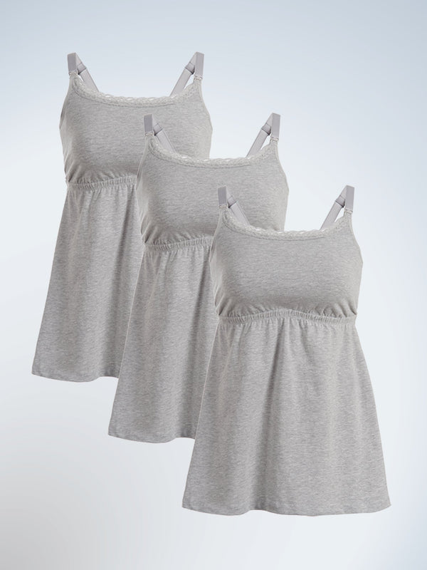 Front view of three pack nursing cami with lace in heather grey
