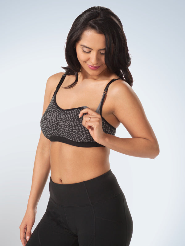 Front view of loving moments front nursing bralette in black and dark grey print