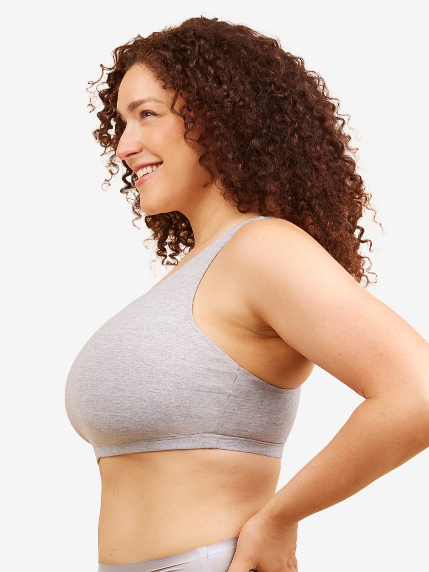 Side view of cotton wirefree sports bra in heather grey