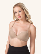 Back view of underwire maternity to nursing bra in warm taupe
