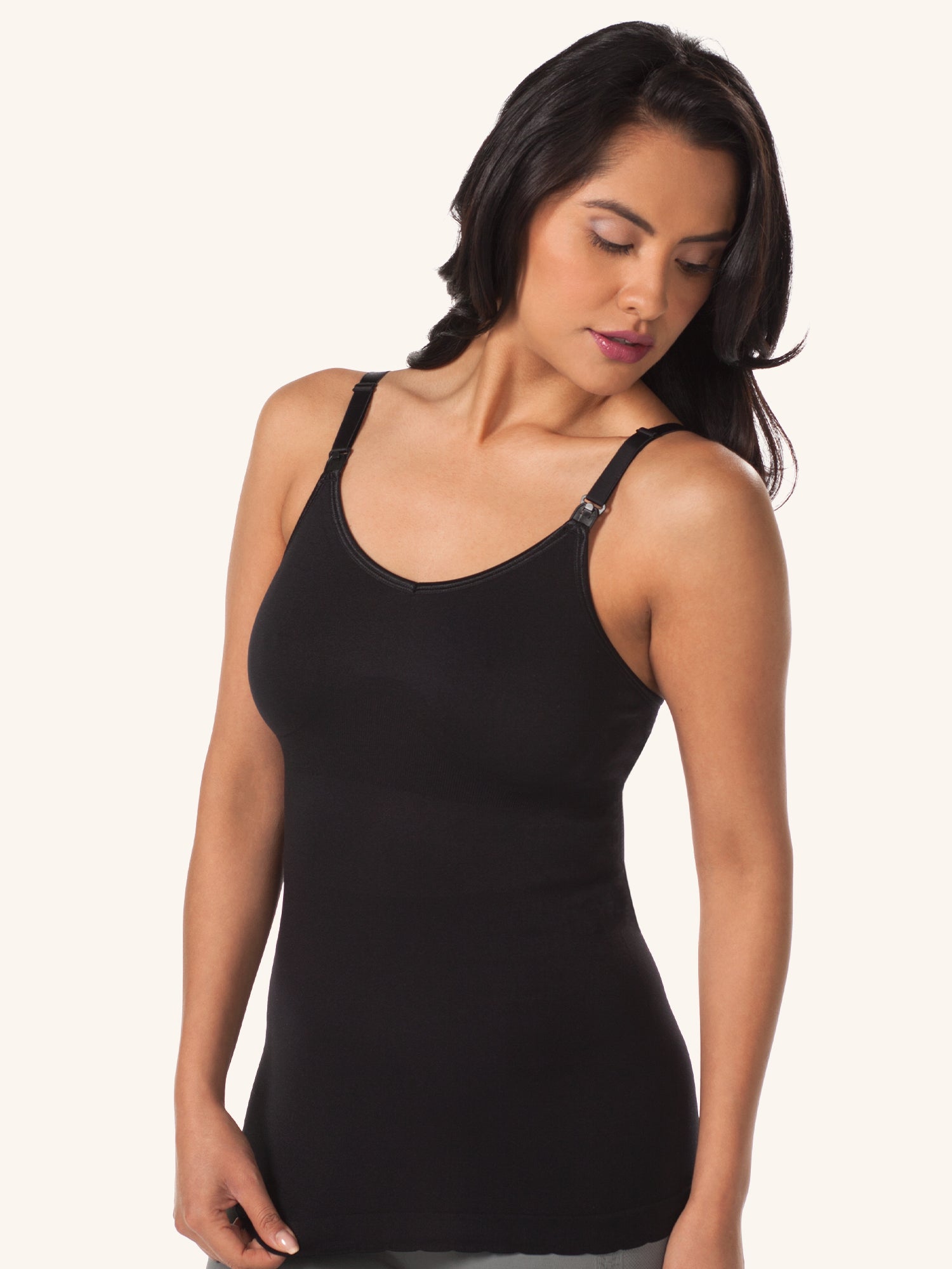 Back view of maternity to nursing seamless cotton tank in jet black