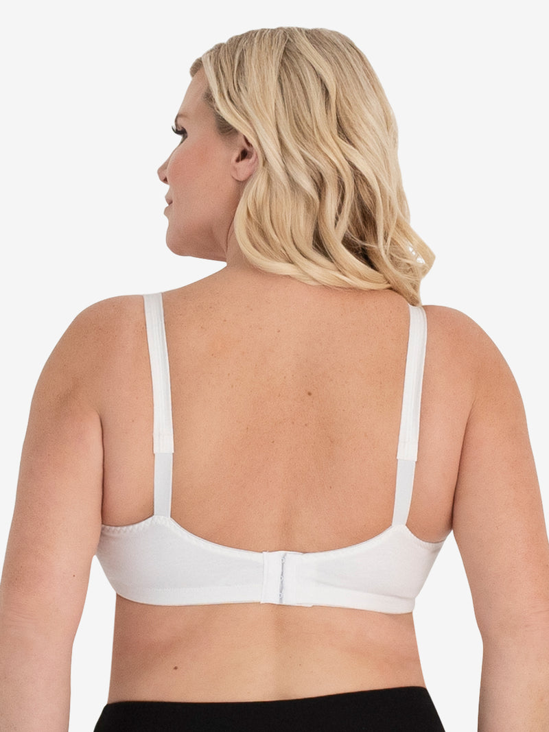 Back view of cotton latex free bra in white