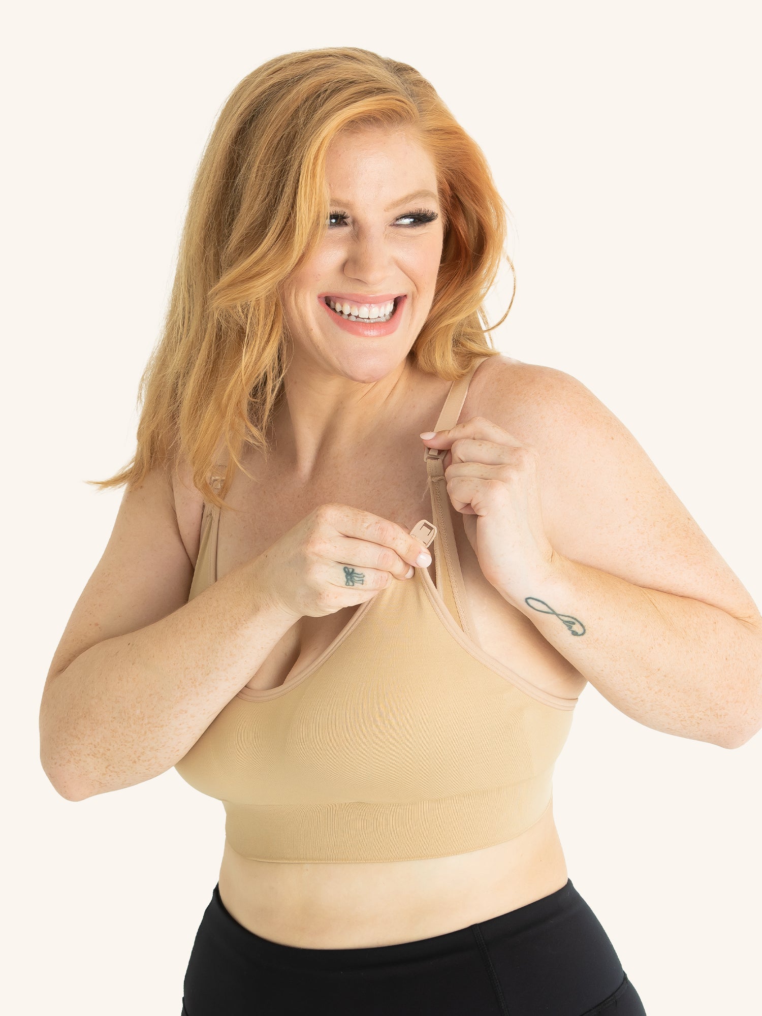 Front view of seamless comfort maternity nursing bra in salt beige