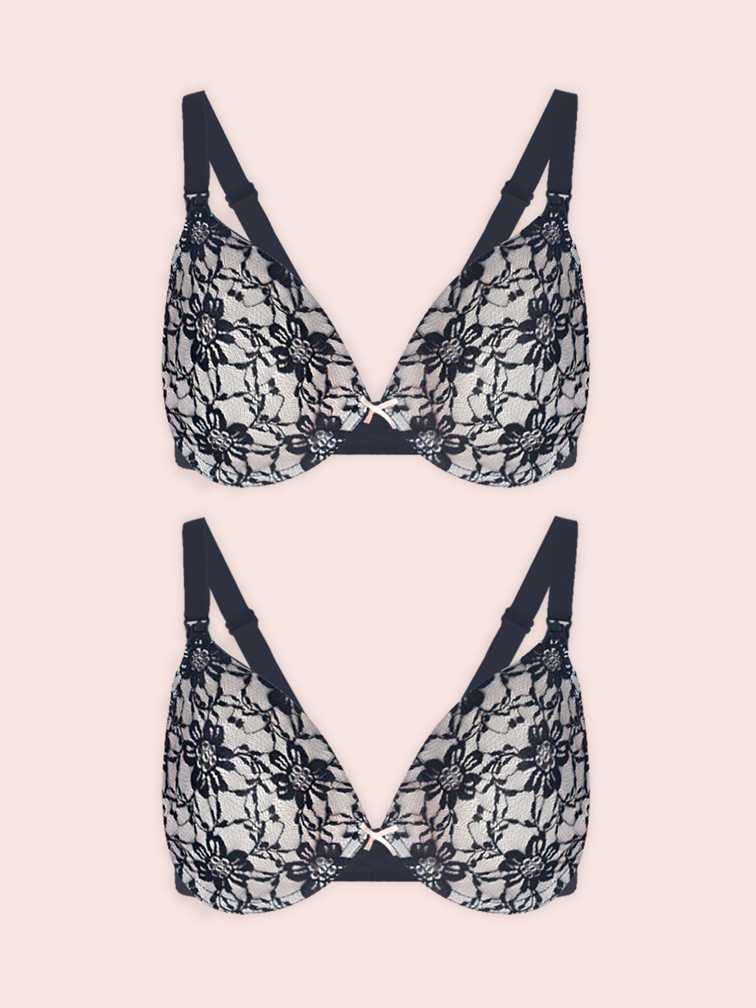 The Paulette - Underwire Allover Lace Nursing Bra 2-Pack - Black Lace Over Blush 2PK,34D